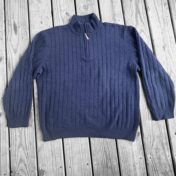 Hathaway Platinum Italy 100% Navy Geelong Lamb Wool Pullover 1/4 zip Sweater LG - Picture 1 of 11